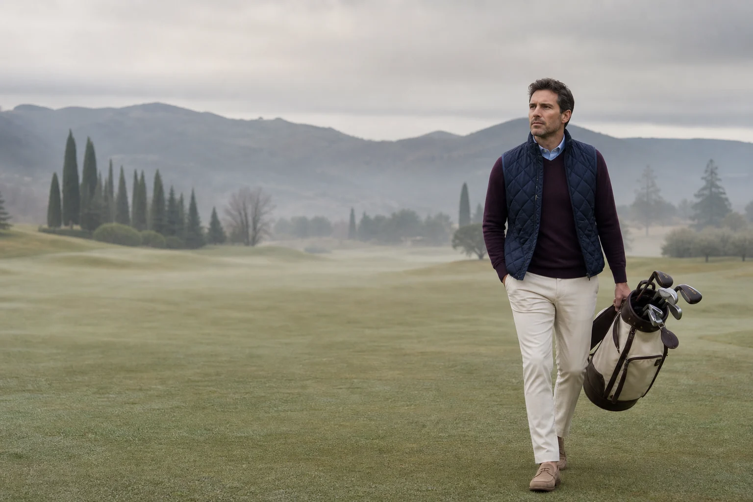 A golfer walking across a quiet fairway at dawn